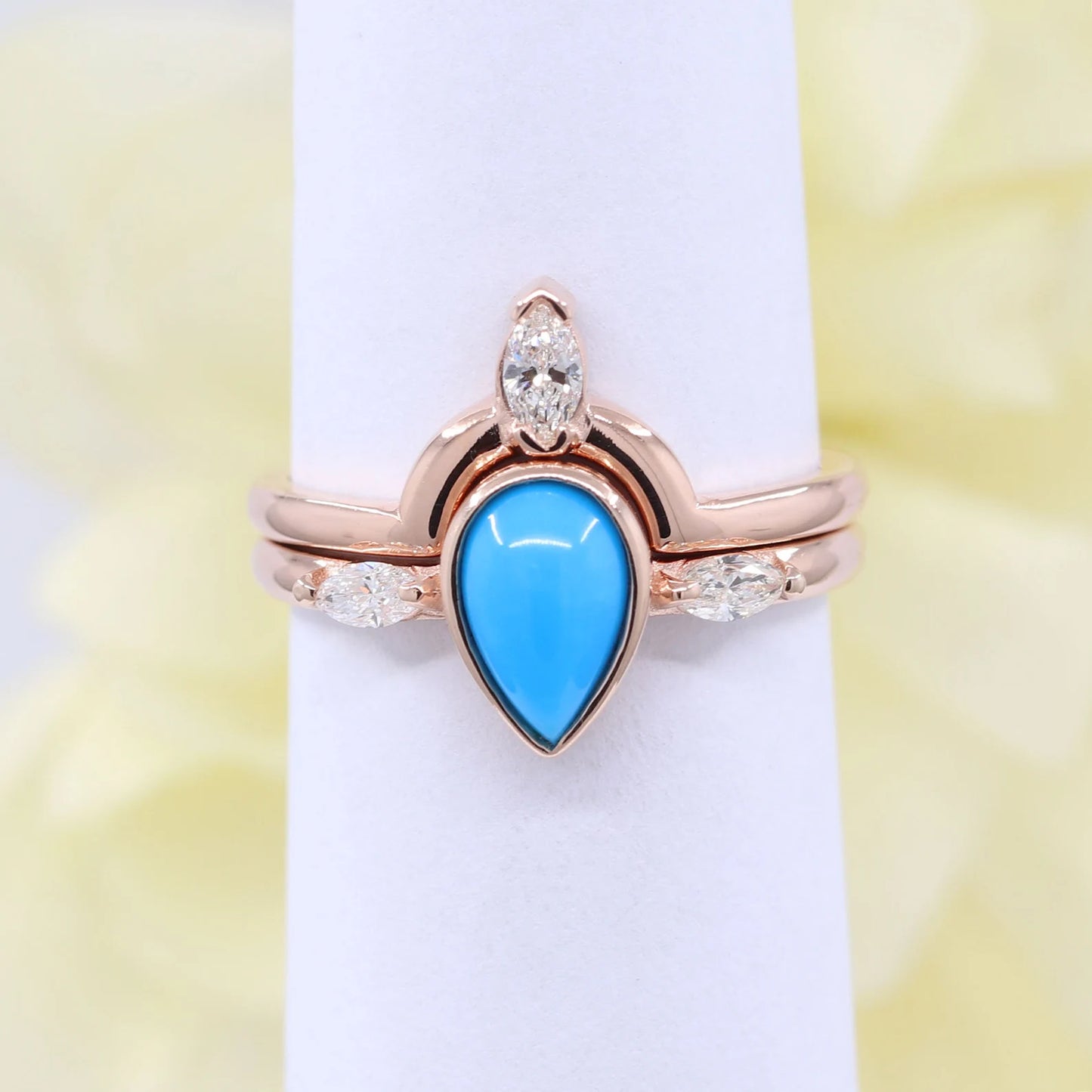 14K TURQUOISE BEZEL RING MARQUISE DIAMOND U CROWN BAND 2 RING SET