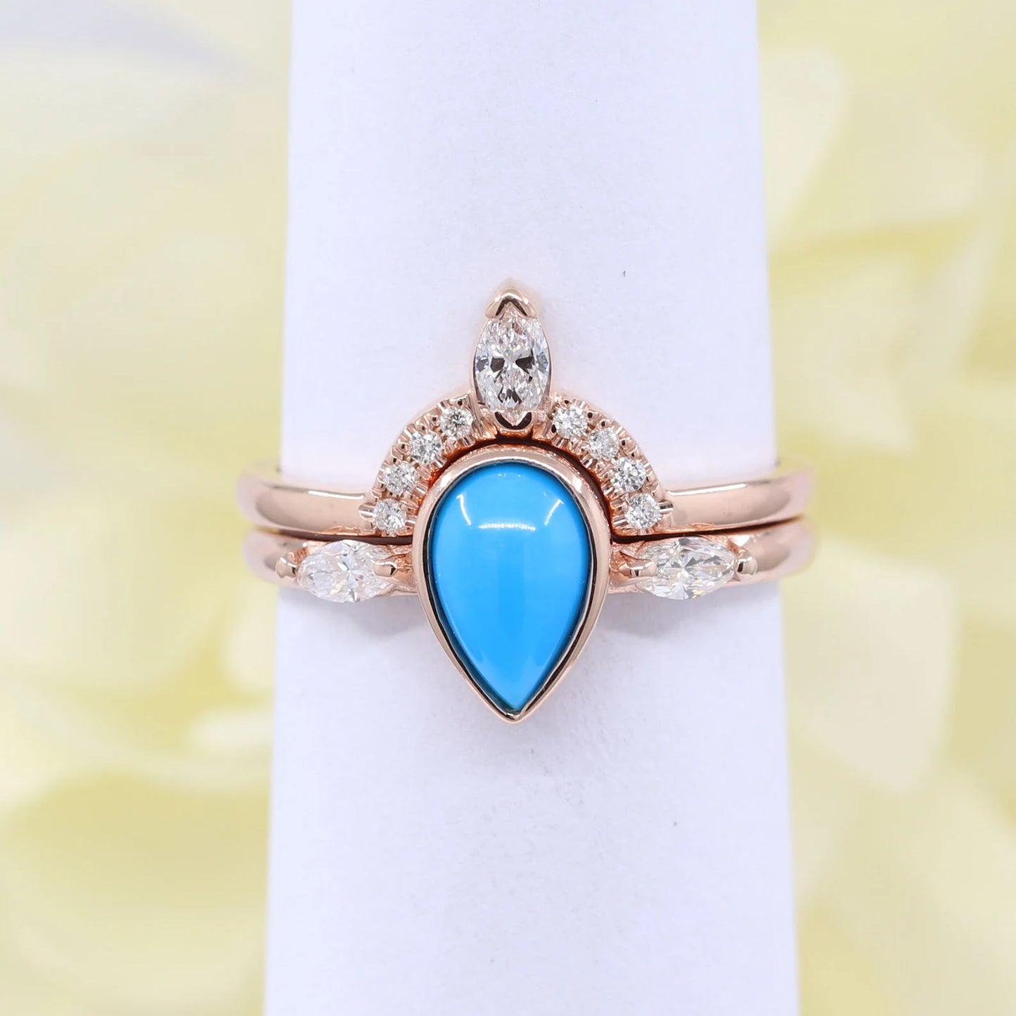 14K TURQUOISE BEZEL RING MARQUISE DIAMOND U CROWN BAND 2 RING SET