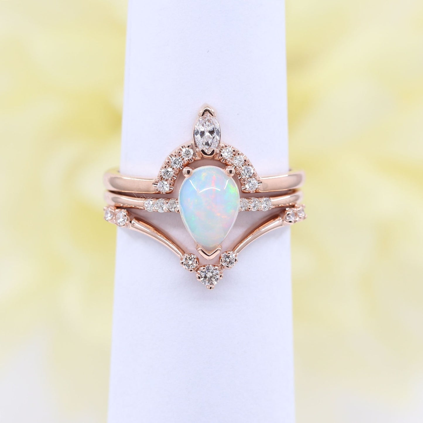 14K PEAR OPAL RING DIAMOND CHEVRON BAND 3 RING SET
