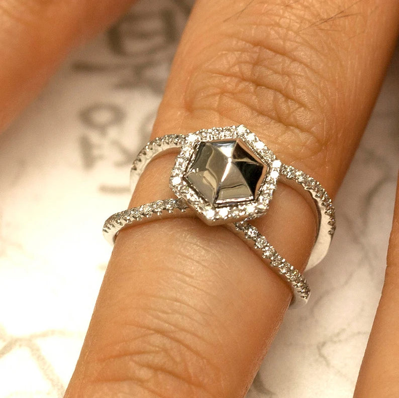 14K SOLID HEXAGON DIAMOND HALO DOUBLE BAND RING