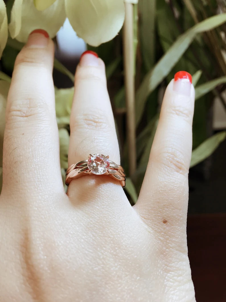 14K MORGANITE TWIST RING PLAIN BAND 2 RING SET