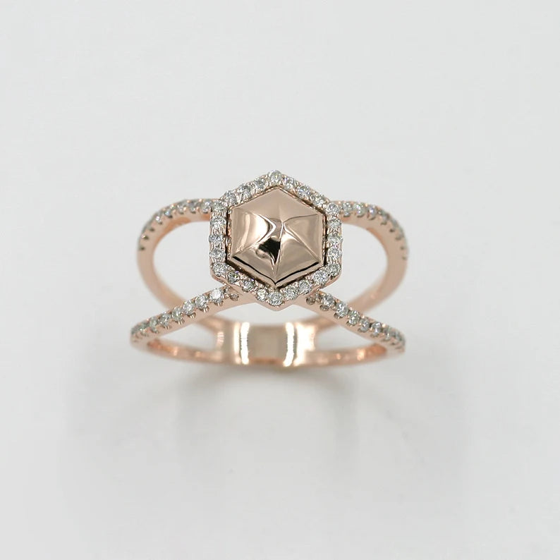 14K SOLID HEXAGON DIAMOND HALO DOUBLE BAND RING