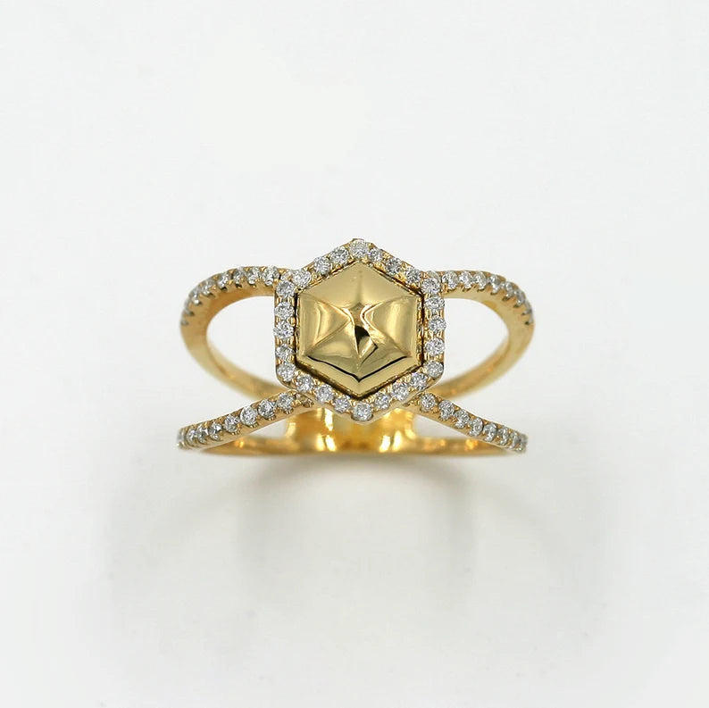 14K SOLID HEXAGON DIAMOND HALO DOUBLE BAND RING