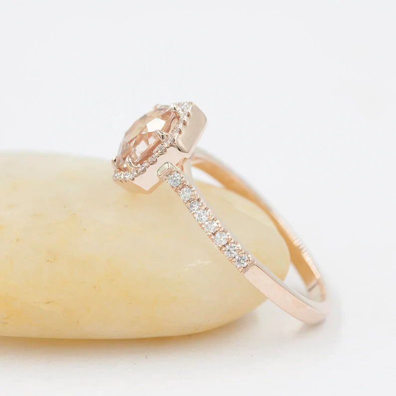 14K MORGANITE DIAMOND HALO HEXAGON RING