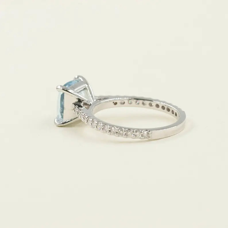 14K CUSHION AQUAMARINE DIAMOND RING
