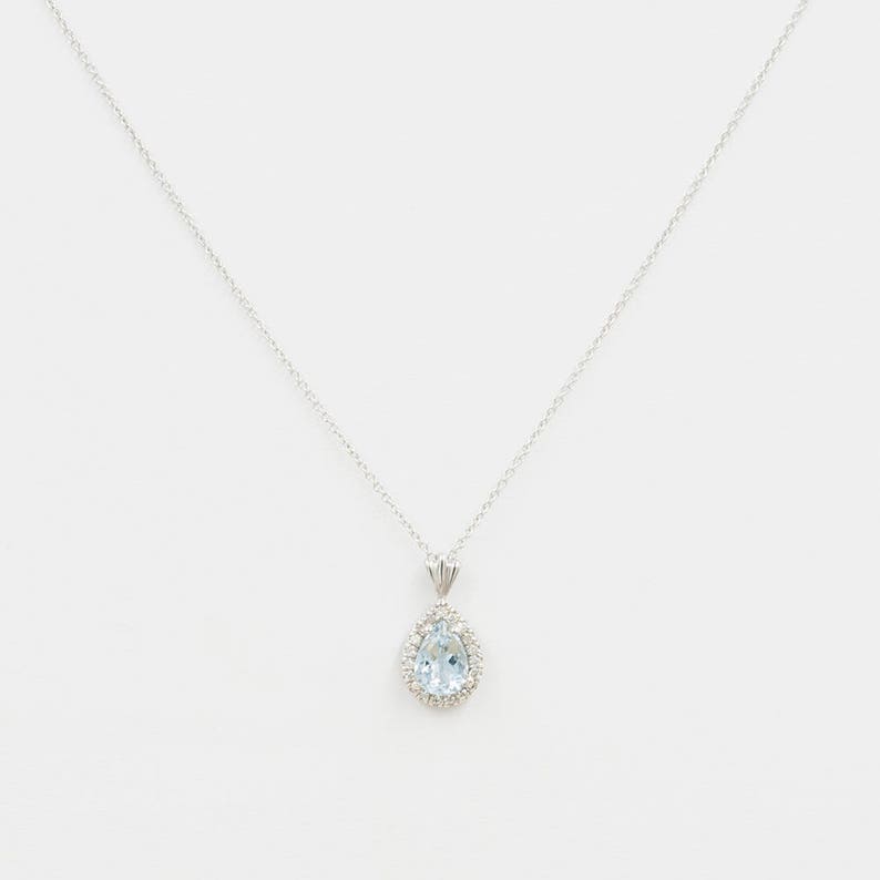 14K PEAR AQUAMARINE DIAMOND HALO NECKLACE
