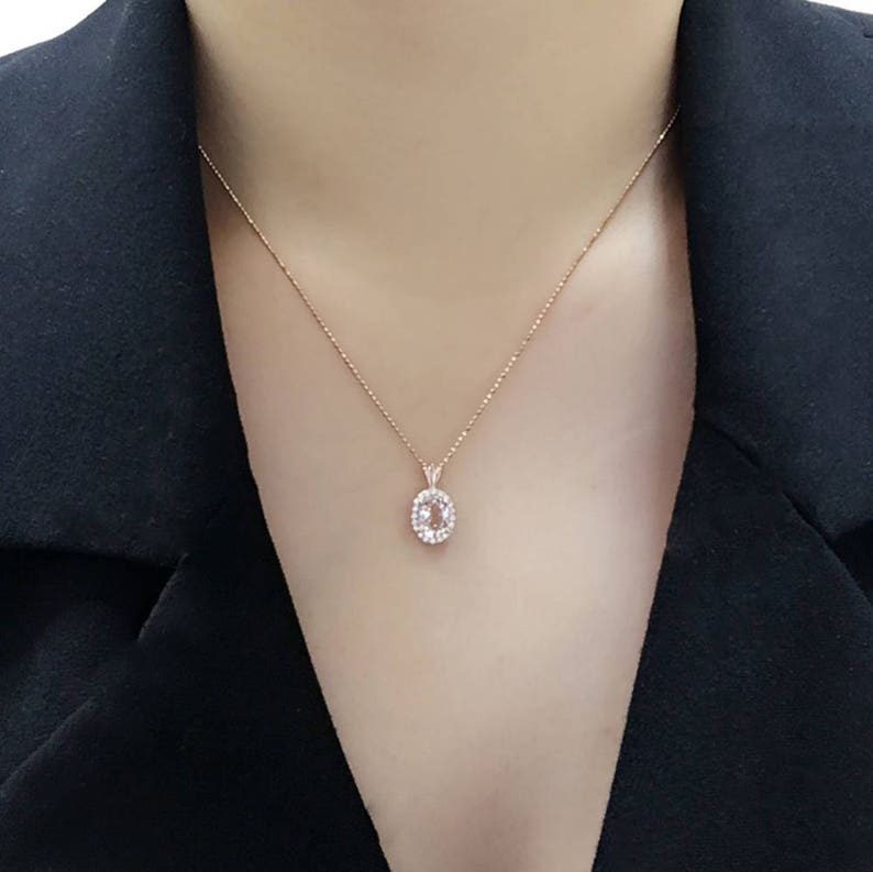 14K OVAL MORGANITE DIAMOND HALO NECKLACE