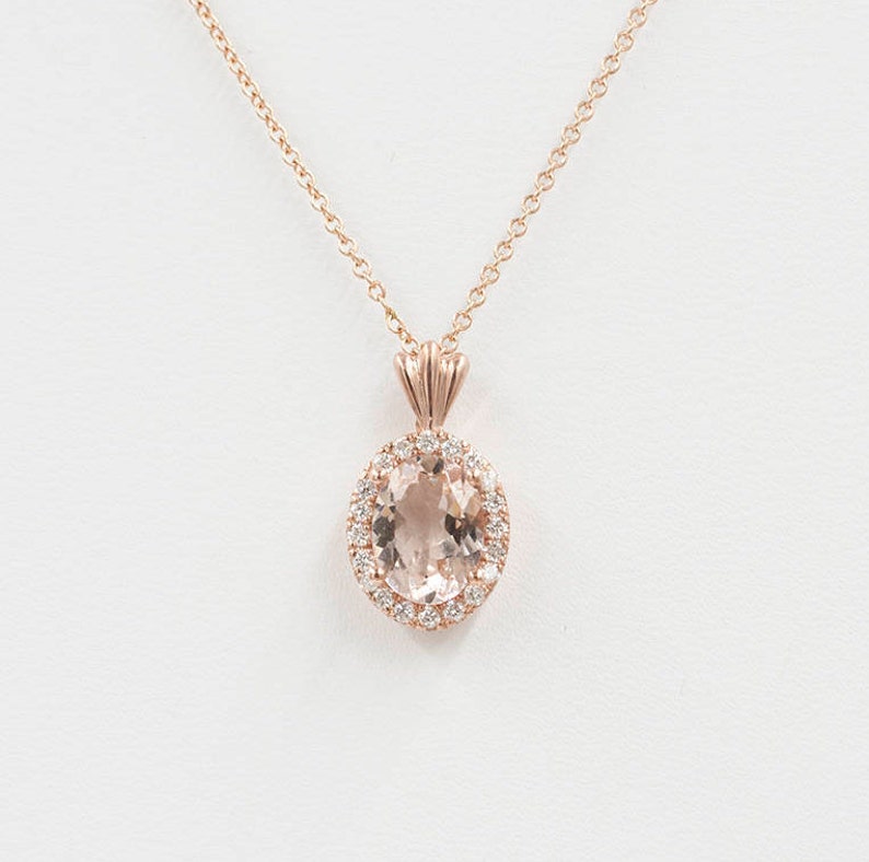 14K OVAL MORGANITE DIAMOND HALO NECKLACE