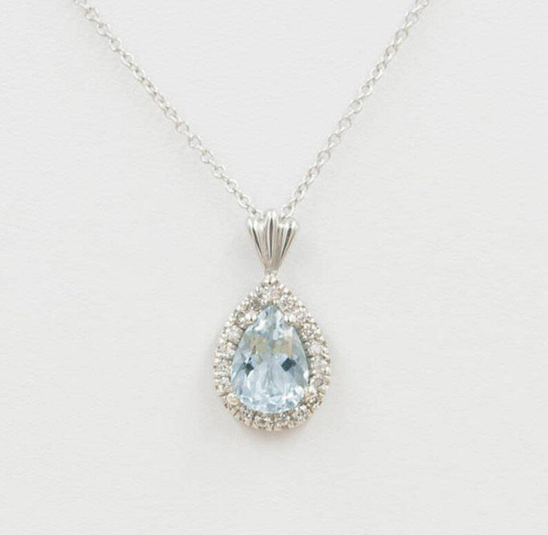 14K PEAR AQUAMARINE DIAMOND HALO NECKLACE