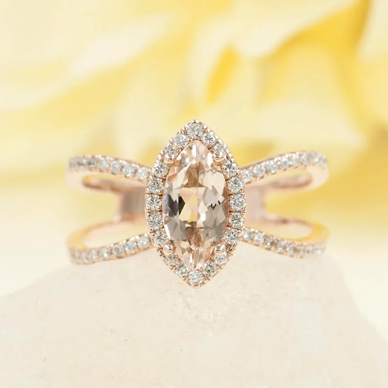 14K MARQUISE MORGANITE DIAMOND HALO DOUBLE BAND RING