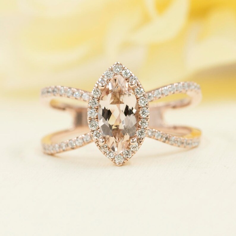 14K MARQUISE MORGANITE DIAMOND HALO DOUBLE BAND RING