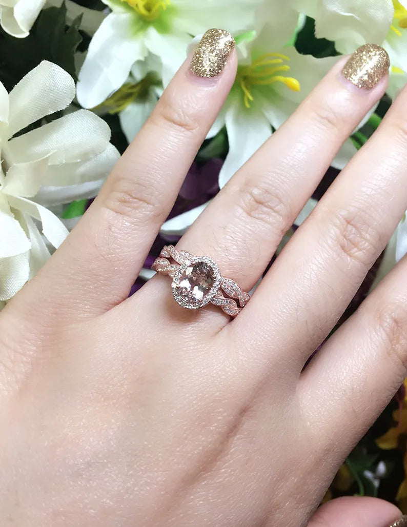 14K OVAL MORGANITE DIAMOND HALO TWIST RING