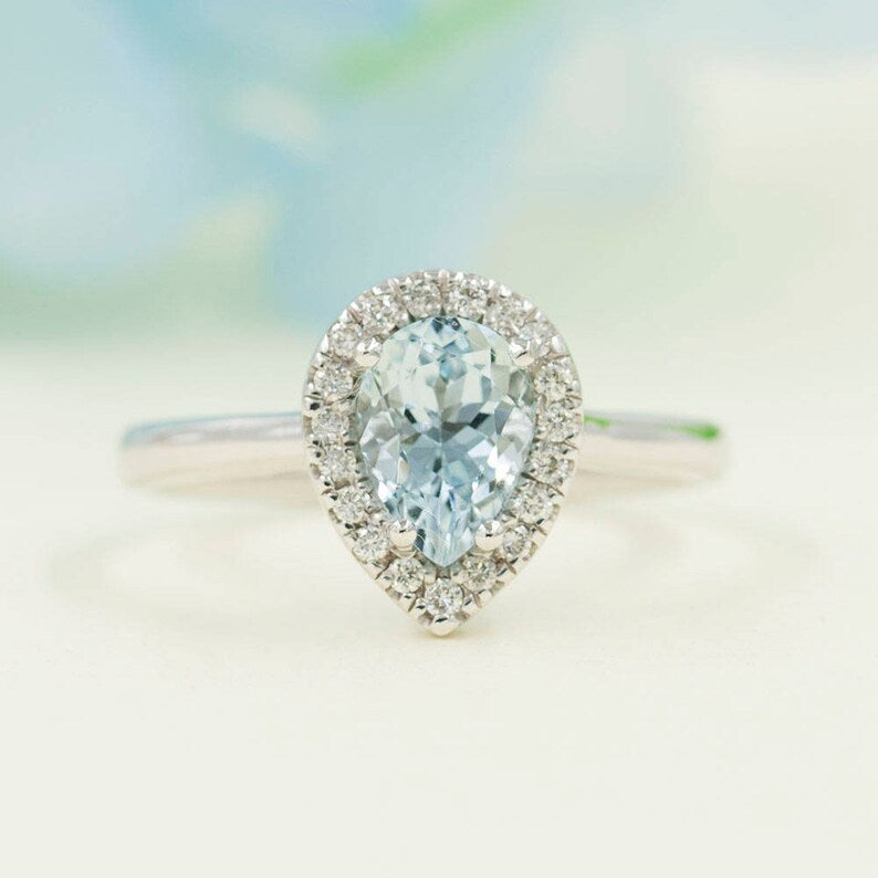 14K PEAR AQUAMARINE DIAMOND HALO SOLITAIRE RING