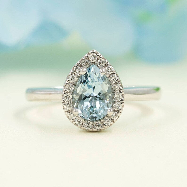 14K PEAR AQUAMARINE DIAMOND HALO SOLITAIRE RING