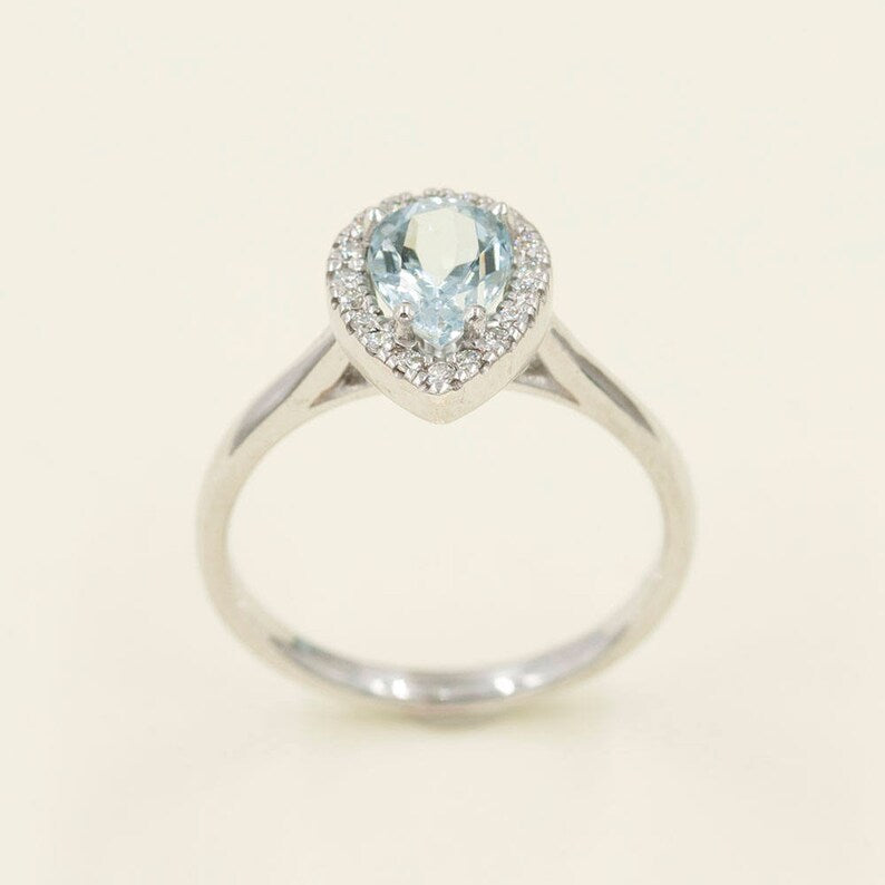 14K PEAR AQUAMARINE DIAMOND HALO SOLITAIRE RING