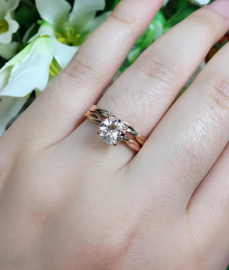 14K MORGANITE TWIST RING PLAIN BAND 2 RING SET