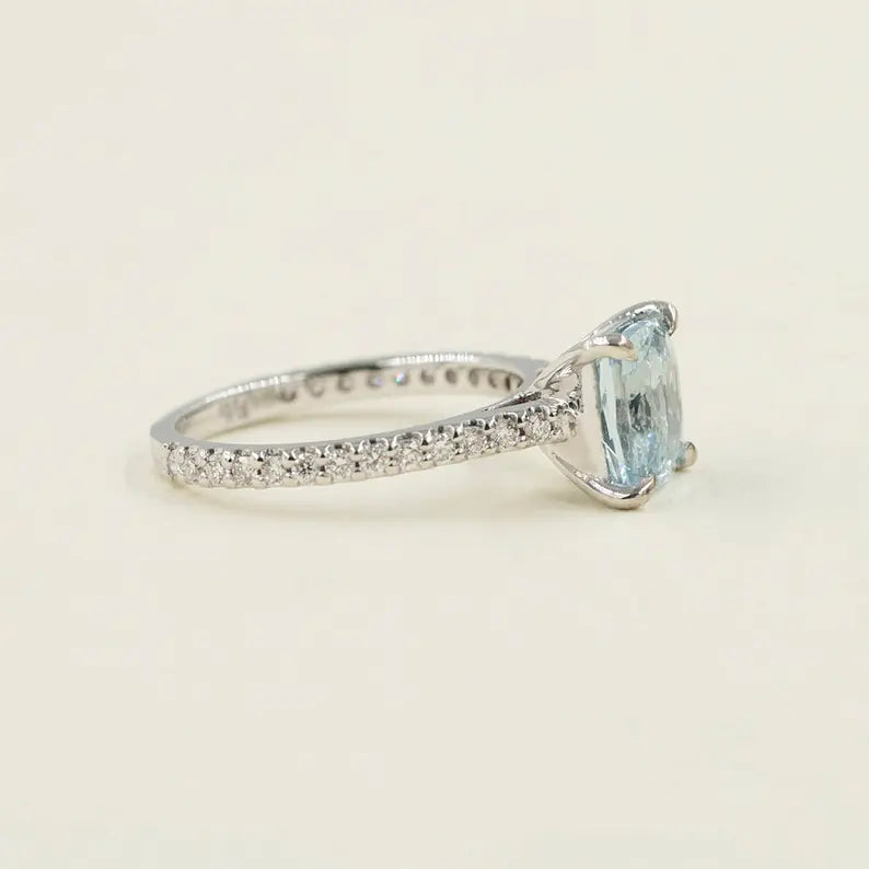 14K CUSHION AQUAMARINE DIAMOND RING