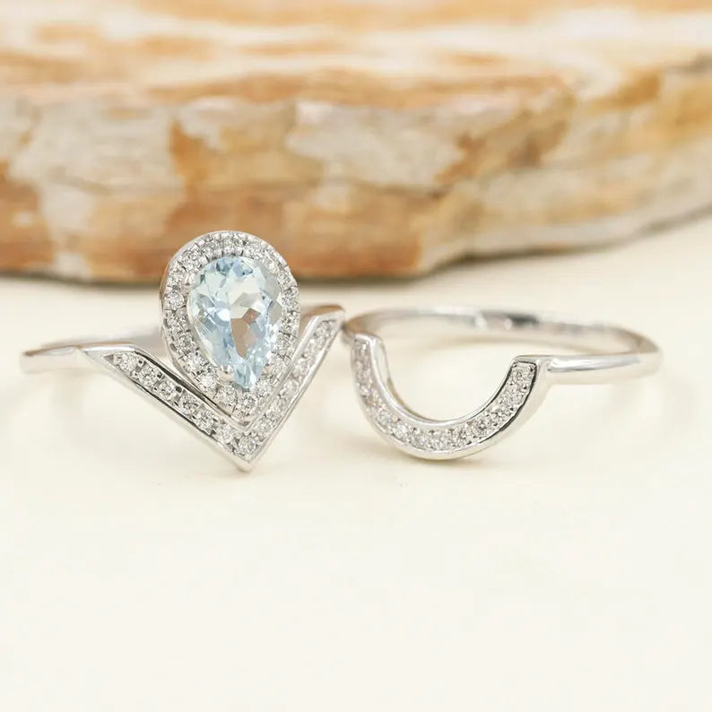 14K PEAR AQUAMARINE DIAMOND HALO V RING CROWN U BAND 2 RING SET