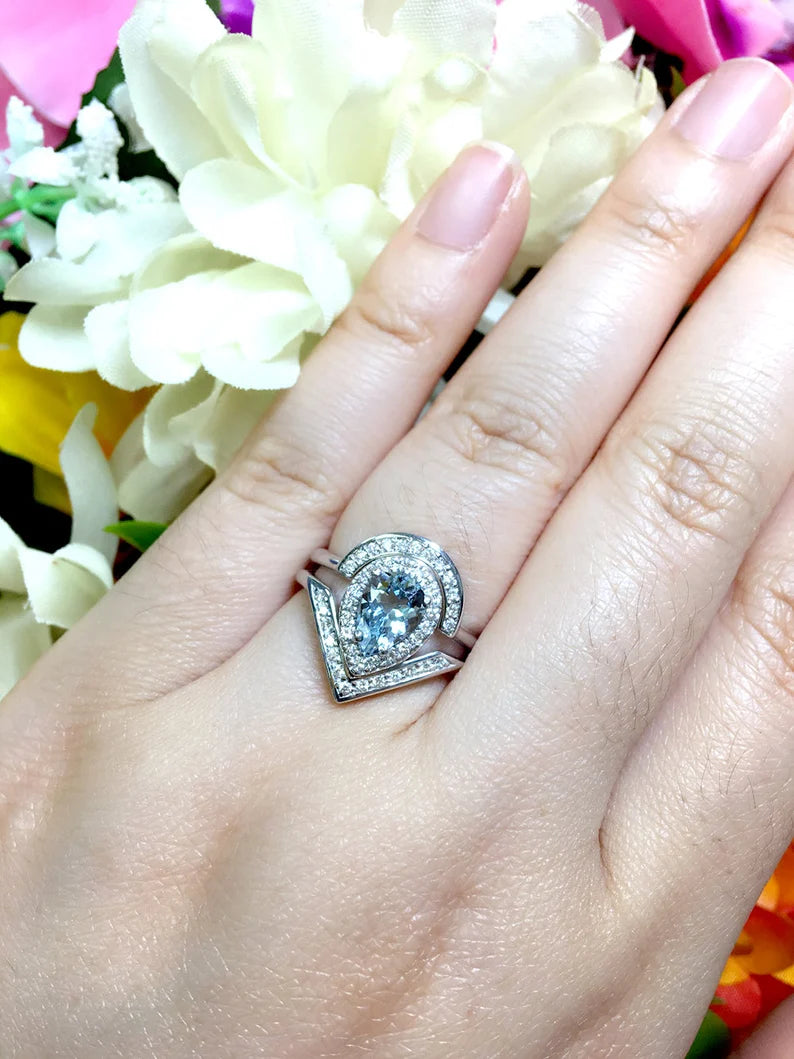 14K PEAR AQUAMARINE DIAMOND HALO V RING CROWN U BAND 2 RING SET