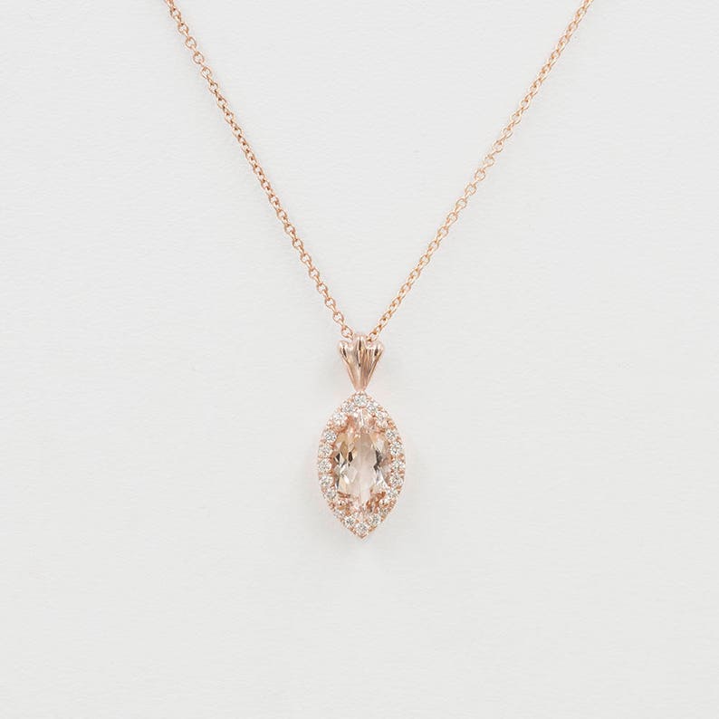 14K MARQUISE MORGANITE DIAMOND HALO NECKLACE