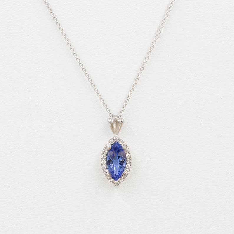 14K MARQUISE TANZANITE DIAMOND HALO NECKLACE