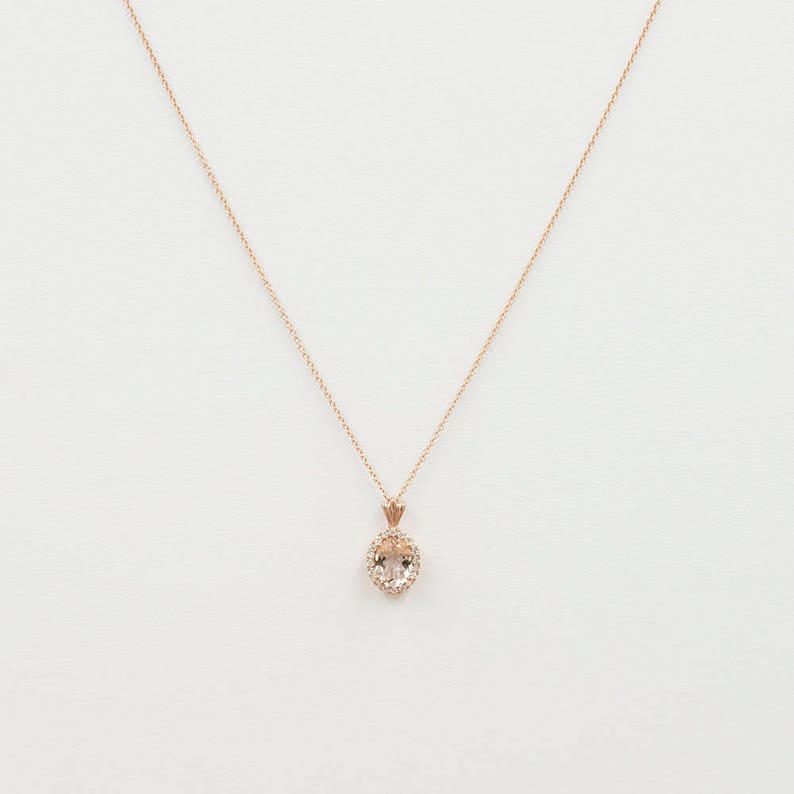 14K OVAL MORGANITE DIAMOND HALO NECKLACE