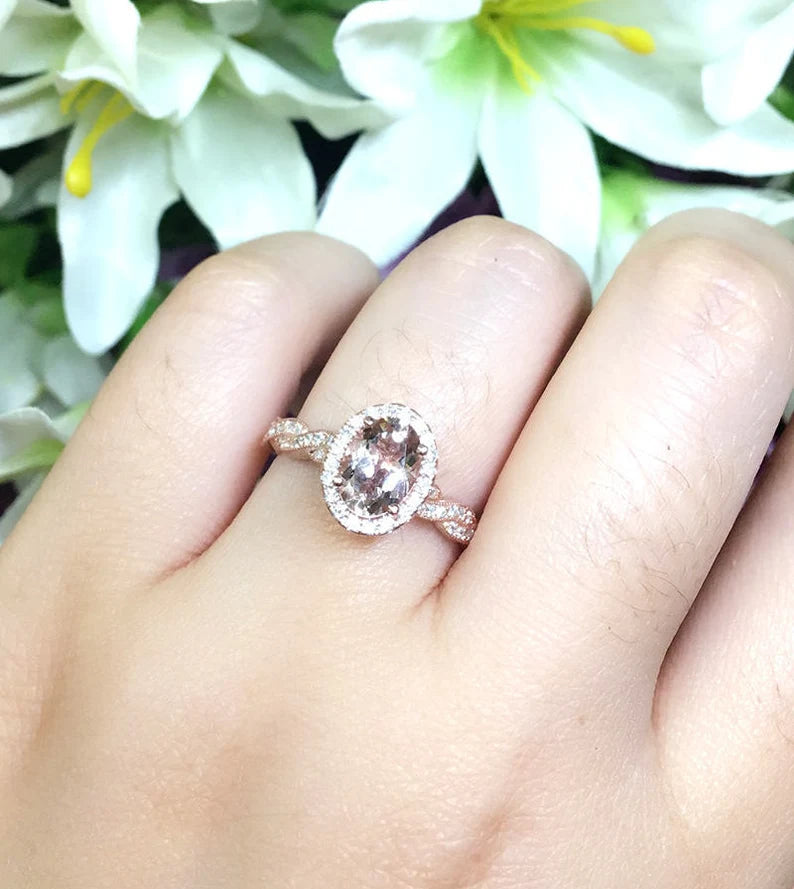 14K OVAL MORGANITE DIAMOND HALO TWIST RING