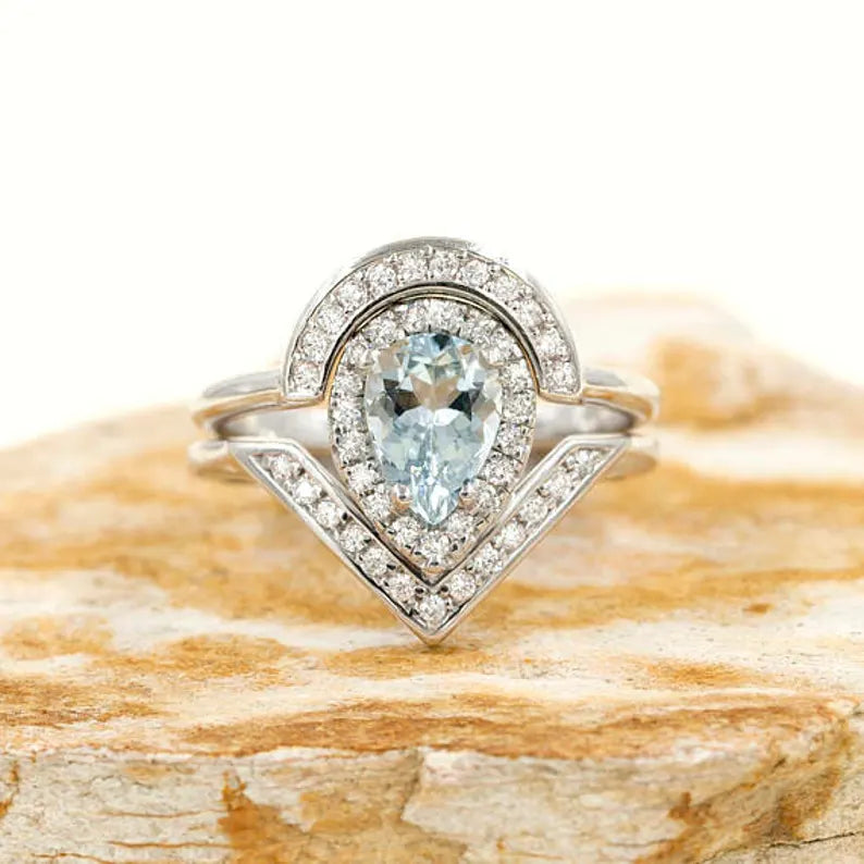 14K PEAR AQUAMARINE DIAMOND HALO V RING CROWN U BAND 2 RING SET