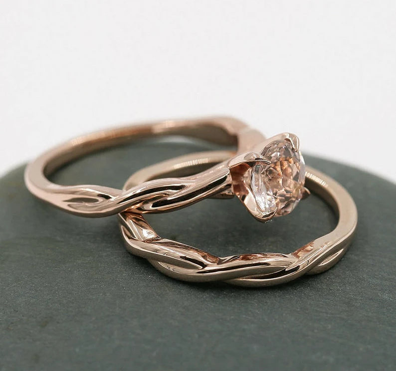14K MORGANITE TWIST RING PLAIN BAND 2 RING SET