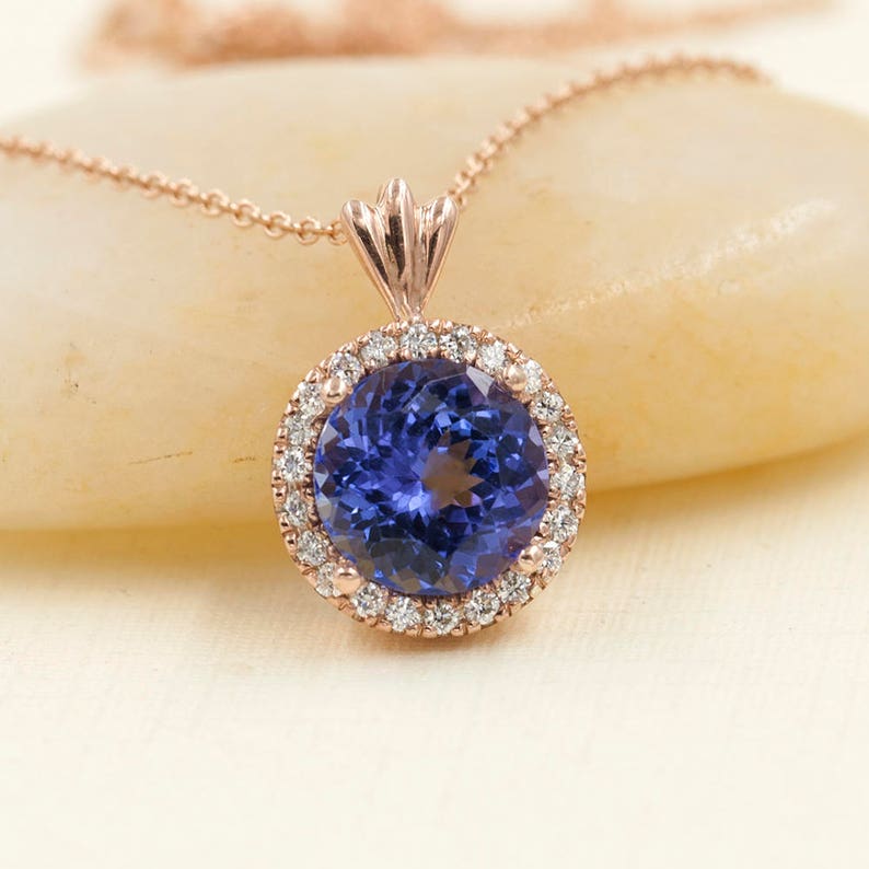 14K 2CT TANZANITE DIAMOND HALO NECKLACE