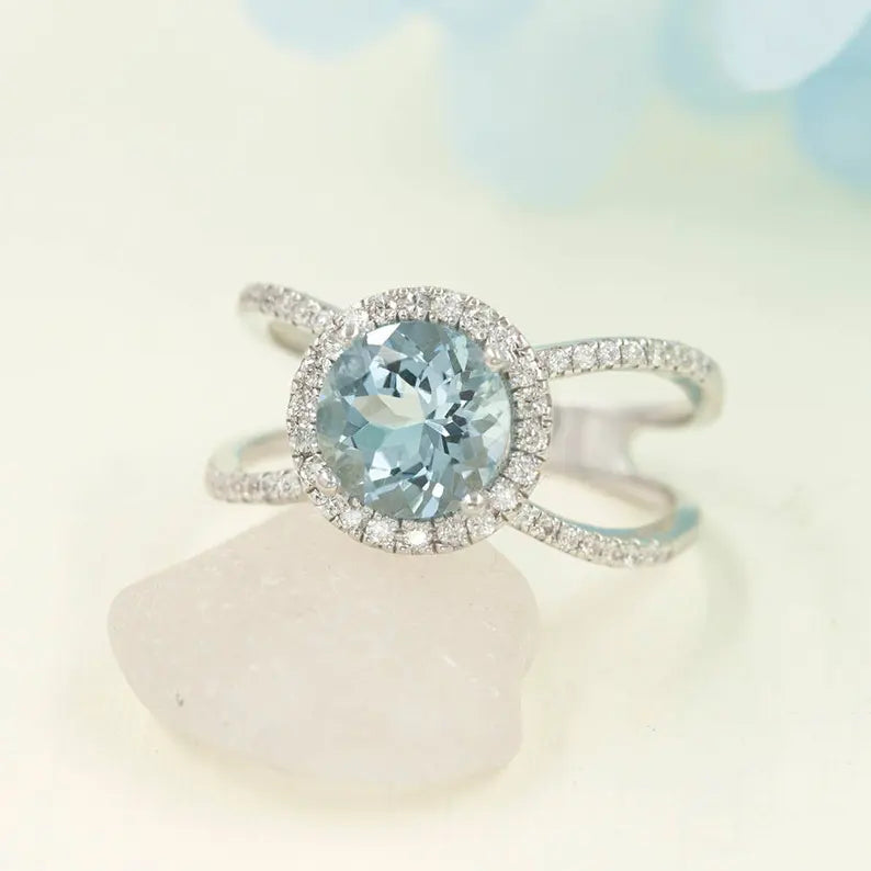 14K AQUAMARINE DIAMOND HALO DOUBLE BAND RING