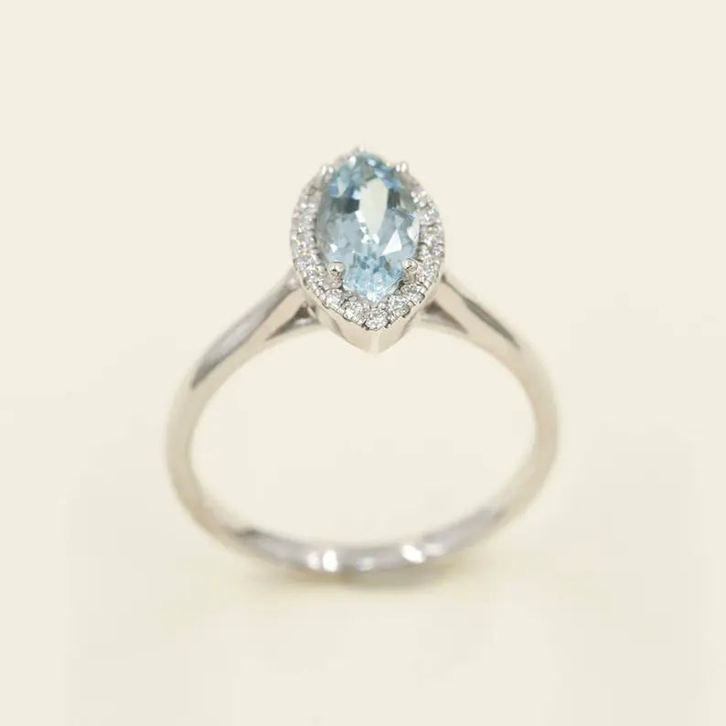 14K MARQUISE AQUAMARINE DIAMOND HALO SOLITAIRE RING