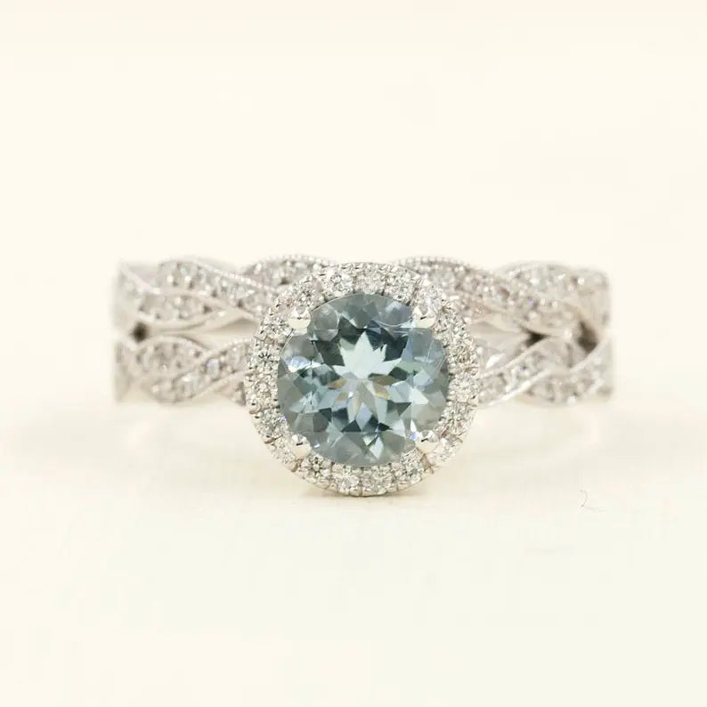 14K AQUAMARINE DIAMOND HALO RING TWIST BAND 2 RING SET