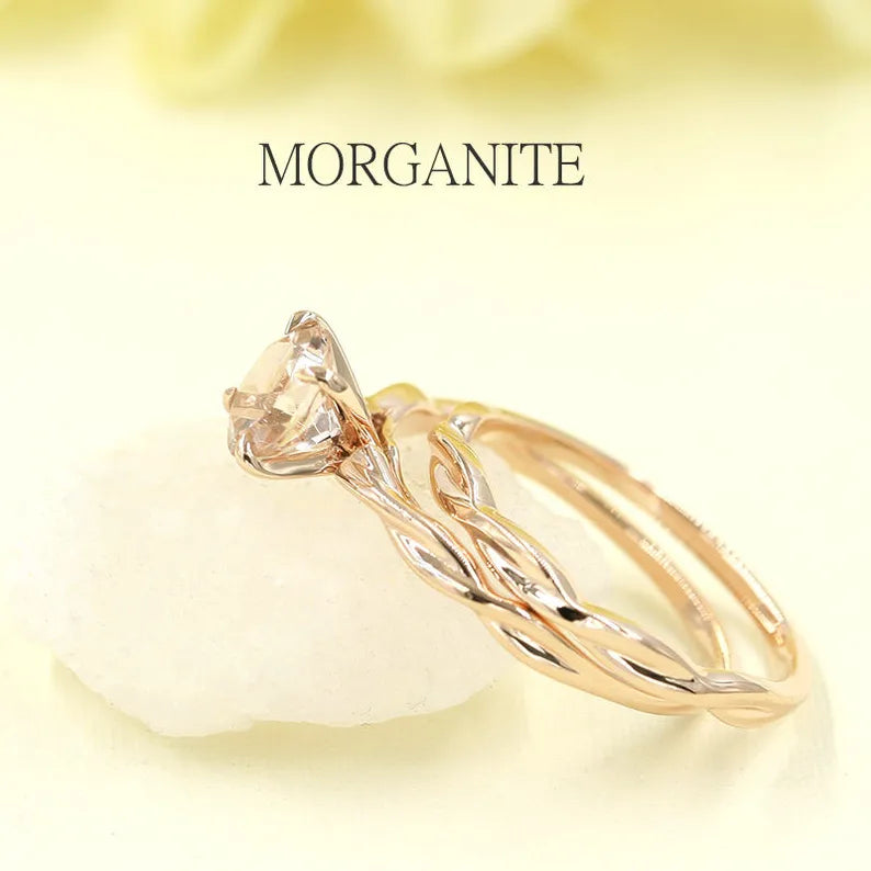14K MORGANITE TWIST RING PLAIN BAND 2 RING SET