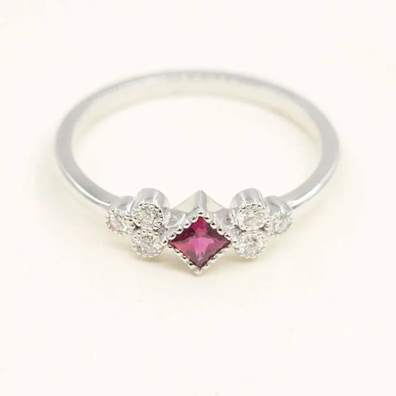 14K PRINCESS RUBY DIAMOND CLUSTER RING