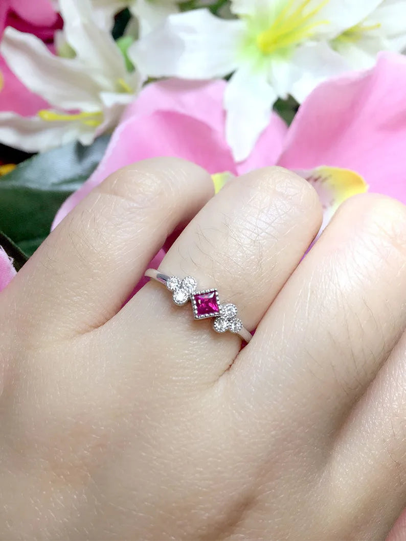 14K PRINCESS RUBY DIAMOND CLUSTER RING
