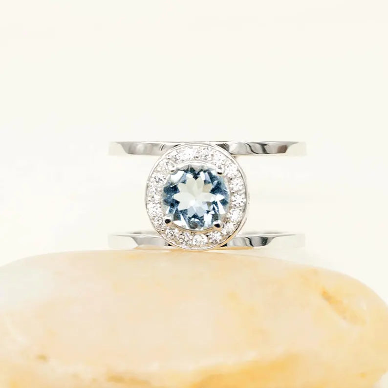 14K AQUAMARINE DIAMOND HALO GUARD RING