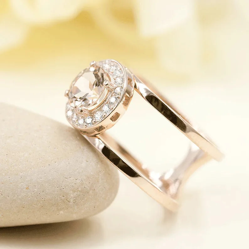 14K MORGANITE DIAMOND HALO GUARD RING