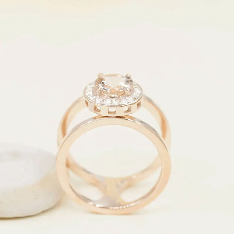 14K MORGANITE DIAMOND HALO GUARD RING