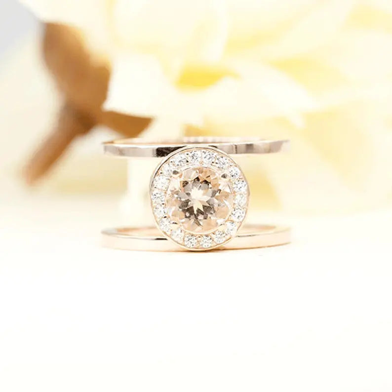 14K MORGANITE DIAMOND HALO GUARD RING