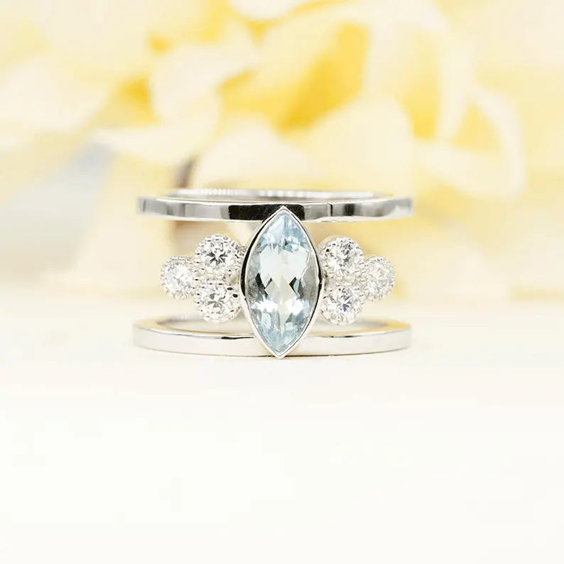 14K MARQUISE AQUAMARINE DIAMOND CLUSTER GUARD RING