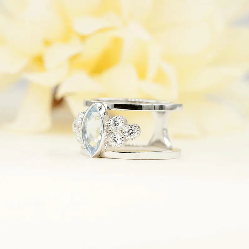 14K MARQUISE AQUAMARINE DIAMOND CLUSTER GUARD RING