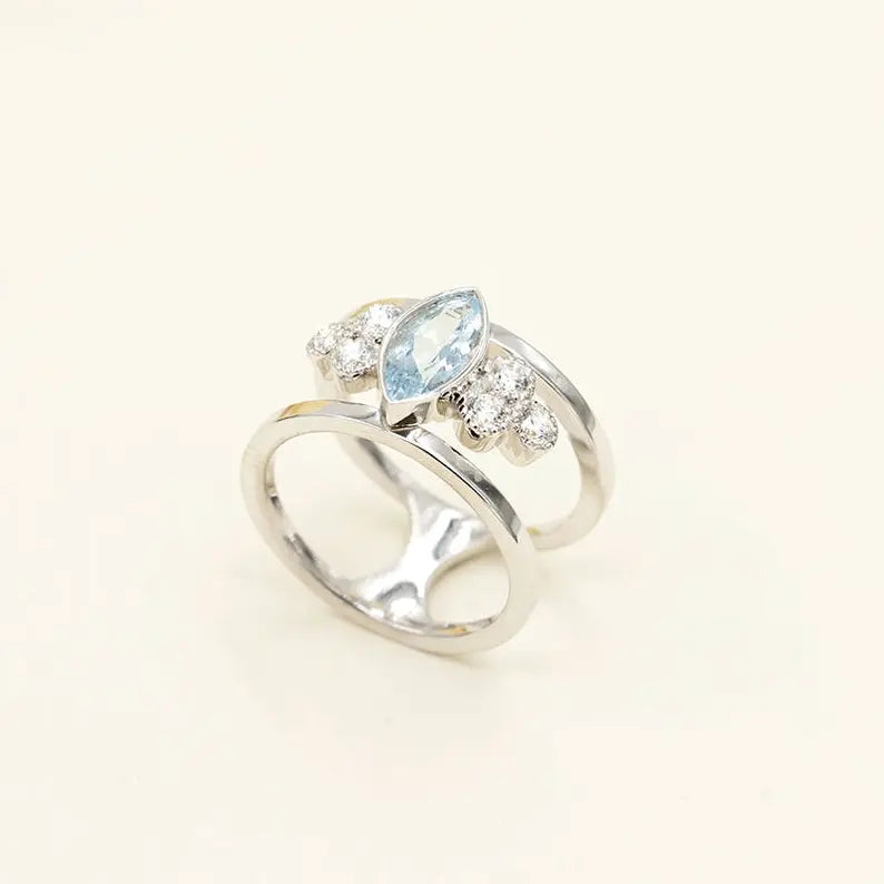 14K MARQUISE AQUAMARINE DIAMOND CLUSTER GUARD RING