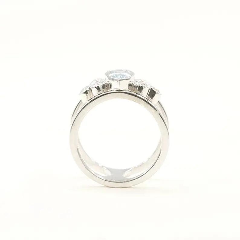 14K MARQUISE AQUAMARINE DIAMOND CLUSTER GUARD RING