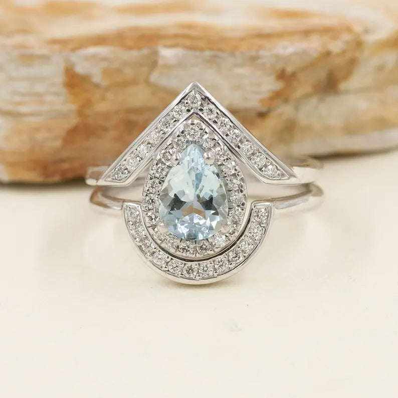 14K PEAR AQUAMARINE DIAMOND HALO V RING CROWN U BAND 2 RING SET