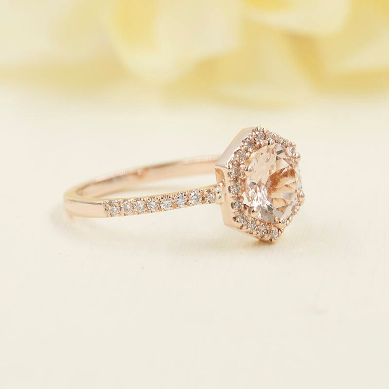 14K MORGANITE DIAMOND HALO HEXAGON RING