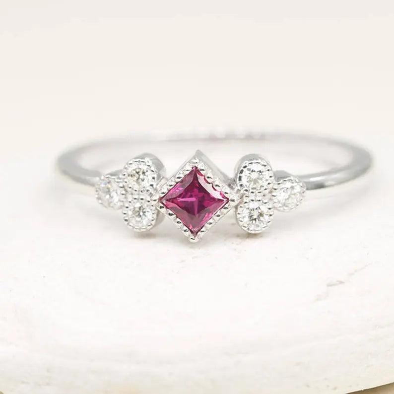 14K PRINCESS RUBY DIAMOND CLUSTER RING