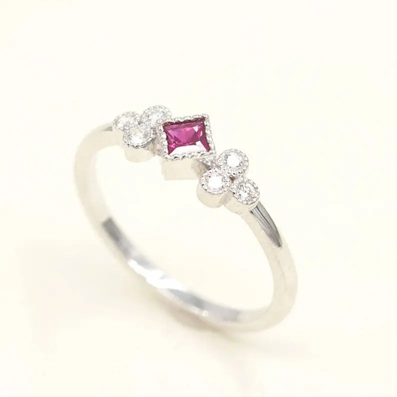 14K PRINCESS RUBY DIAMOND CLUSTER RING