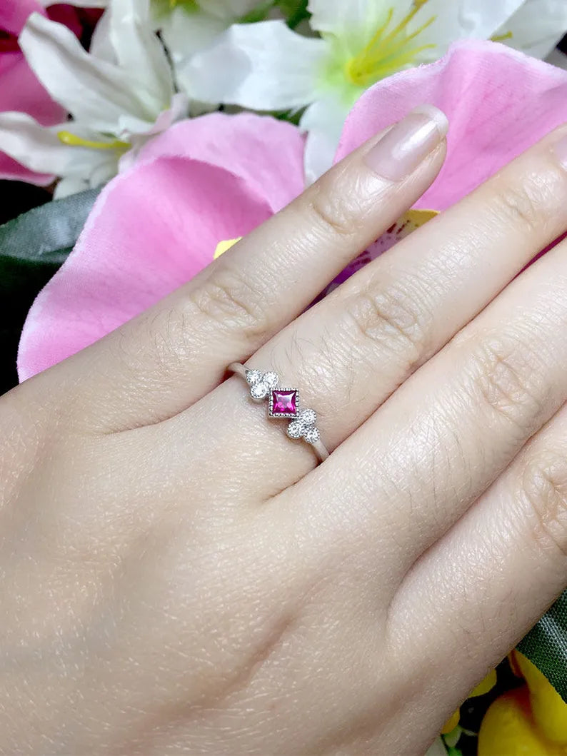 14K PRINCESS RUBY DIAMOND CLUSTER RING