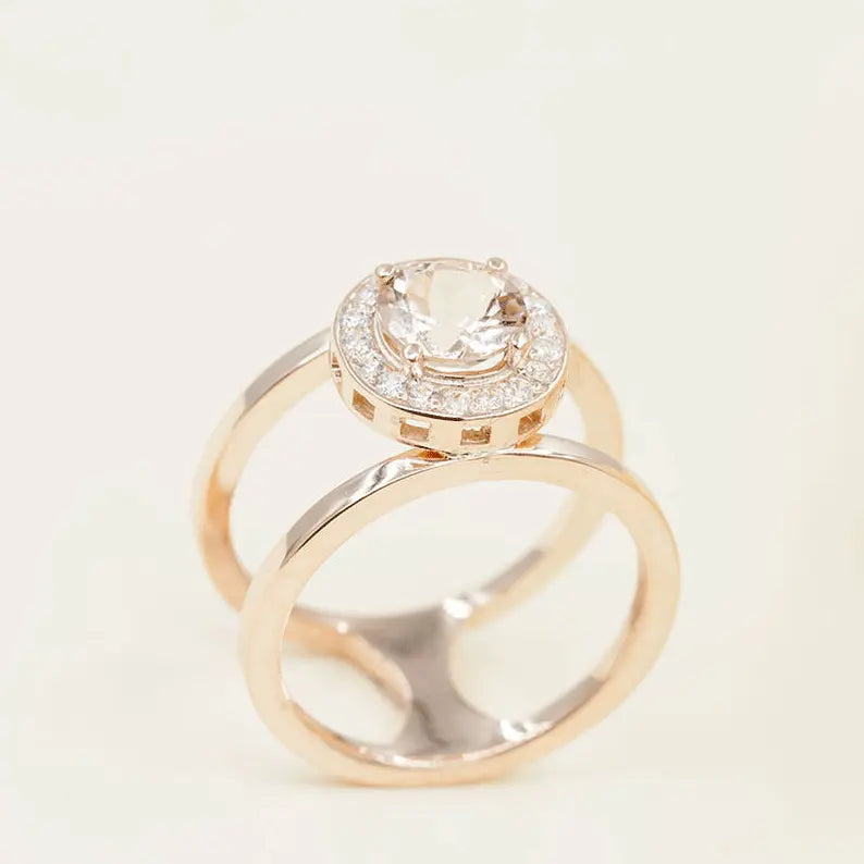 14K MORGANITE DIAMOND HALO GUARD RING